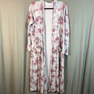 Lularoe Sarah - Ribbed Long Sleeve Duster w/Pockets - Grey Floral - Sz M